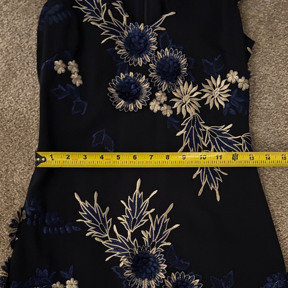 Badgley Mischka Navy Midi Dress with White & Blue Embroidered Floral Print - Picture 11 of 16
